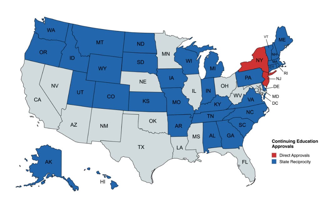 US map showing states where The BFR Pros CEUs are pre-approved, accepted via reciprocity, or require individual filing