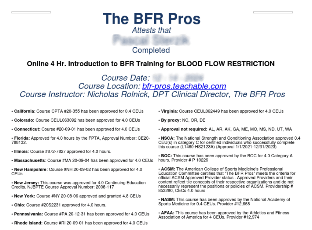 Sample BFR Pros course-completion certificate